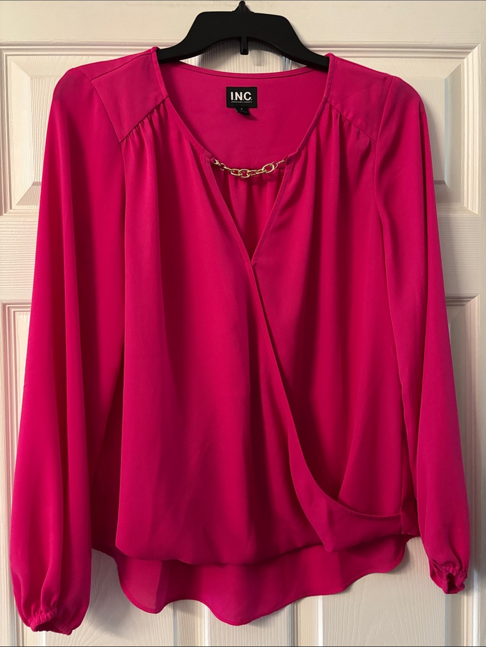 INC International Concepts Bright Fuchsia Surplice Blouse with Gold Chain